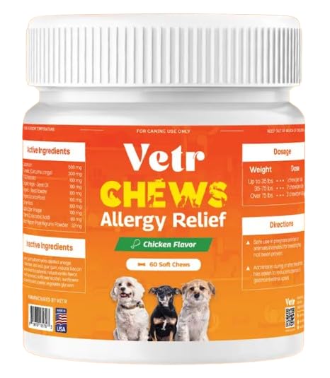 Vetr Allergy Relief Chews for Dogs - Dog Itching Skin Relief, Dog Allergy Treats with Probiotics and Omega-3 - Chicken Flavored 60 Count - Vet-Formulated in USA