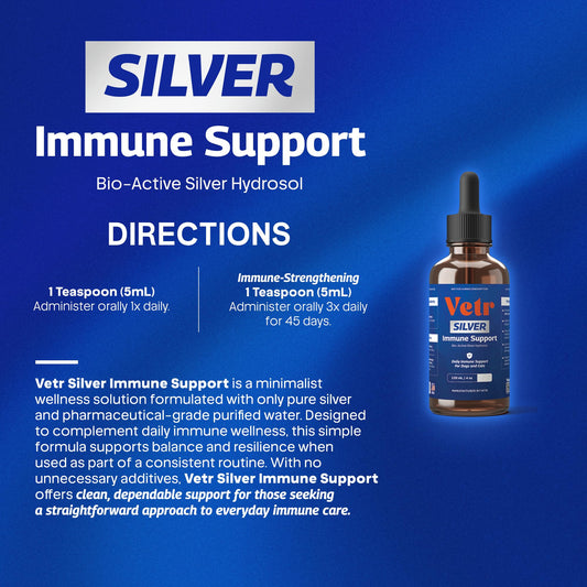 Vetr Silver Immune Support for Dogs and Cats, 4oz/120mL Liquid in Amber Bottle with Oral Dropper, Professional Grade Colloidal Silver Supplement for Daily Wellness and Seasonal Defense