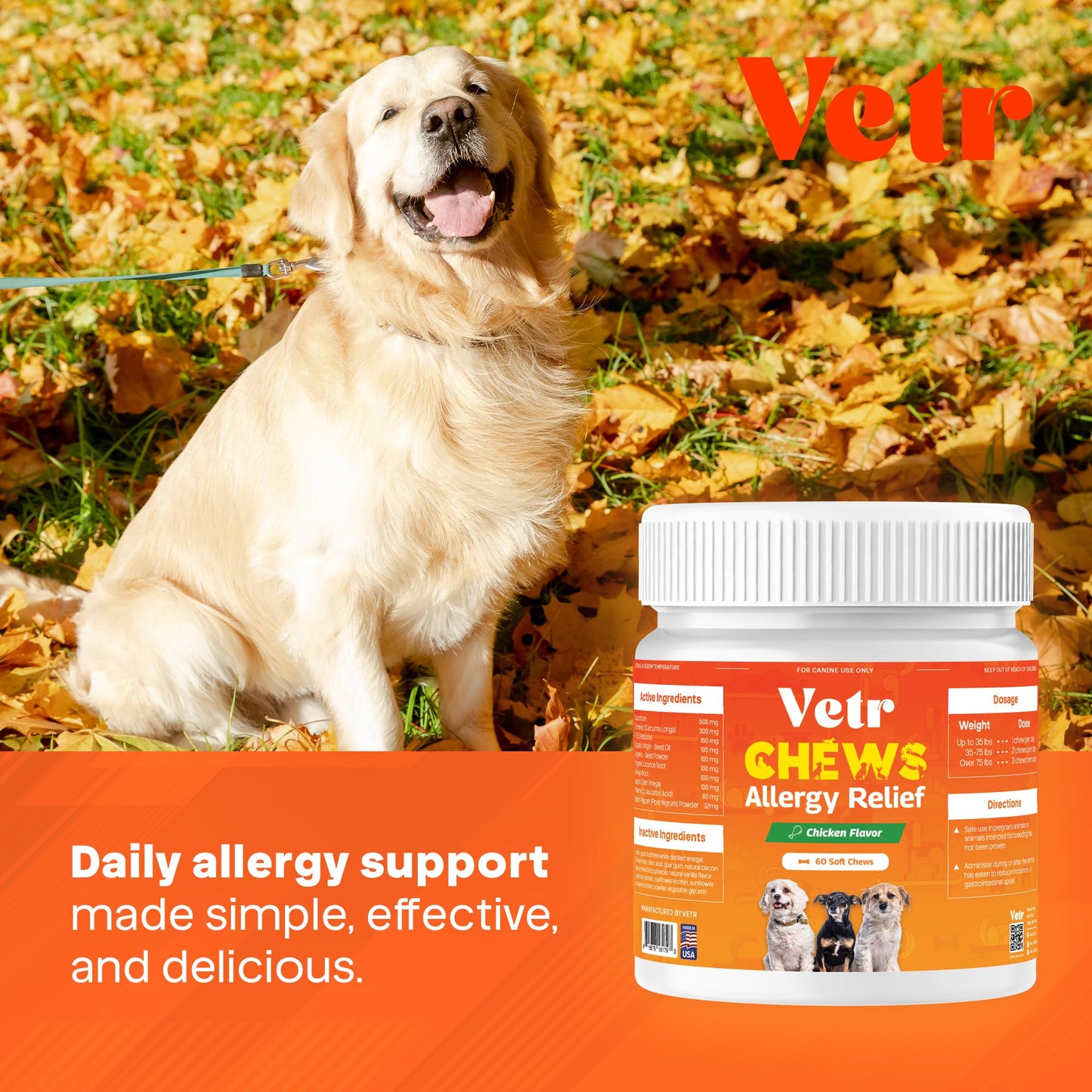 Vetr Allergy Relief Chews for Dogs - Dog Itching Skin Relief, Dog Allergy Treats with Probiotics and Omega-3 - Chicken Flavored 60 Count - Vet-Formulated in USA