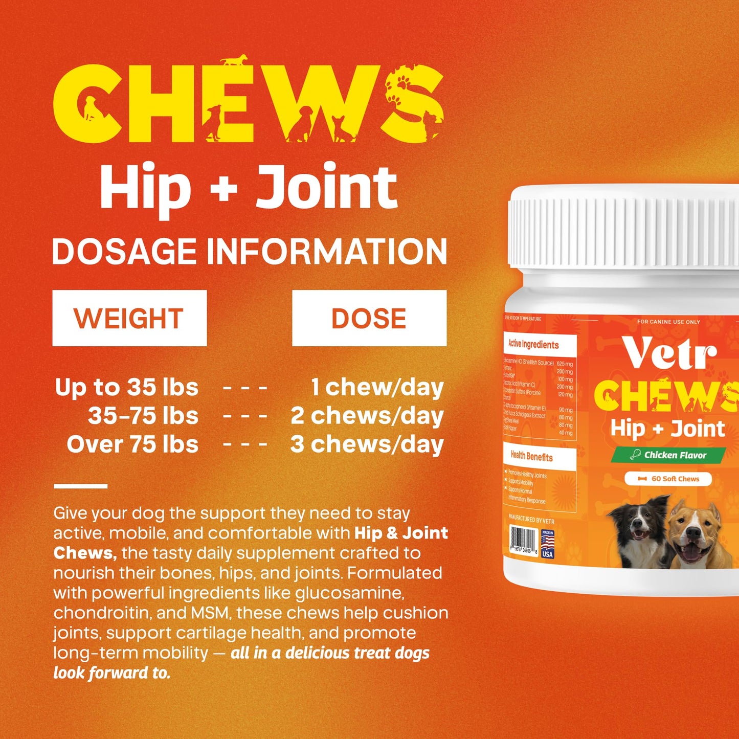 Vetr Hip and Joint Chicken Flavored Chews for Dogs - Glucosamine Chondroitin MSM Supplement - 120 Chewable Tablets - Vet-Formulated in USA
