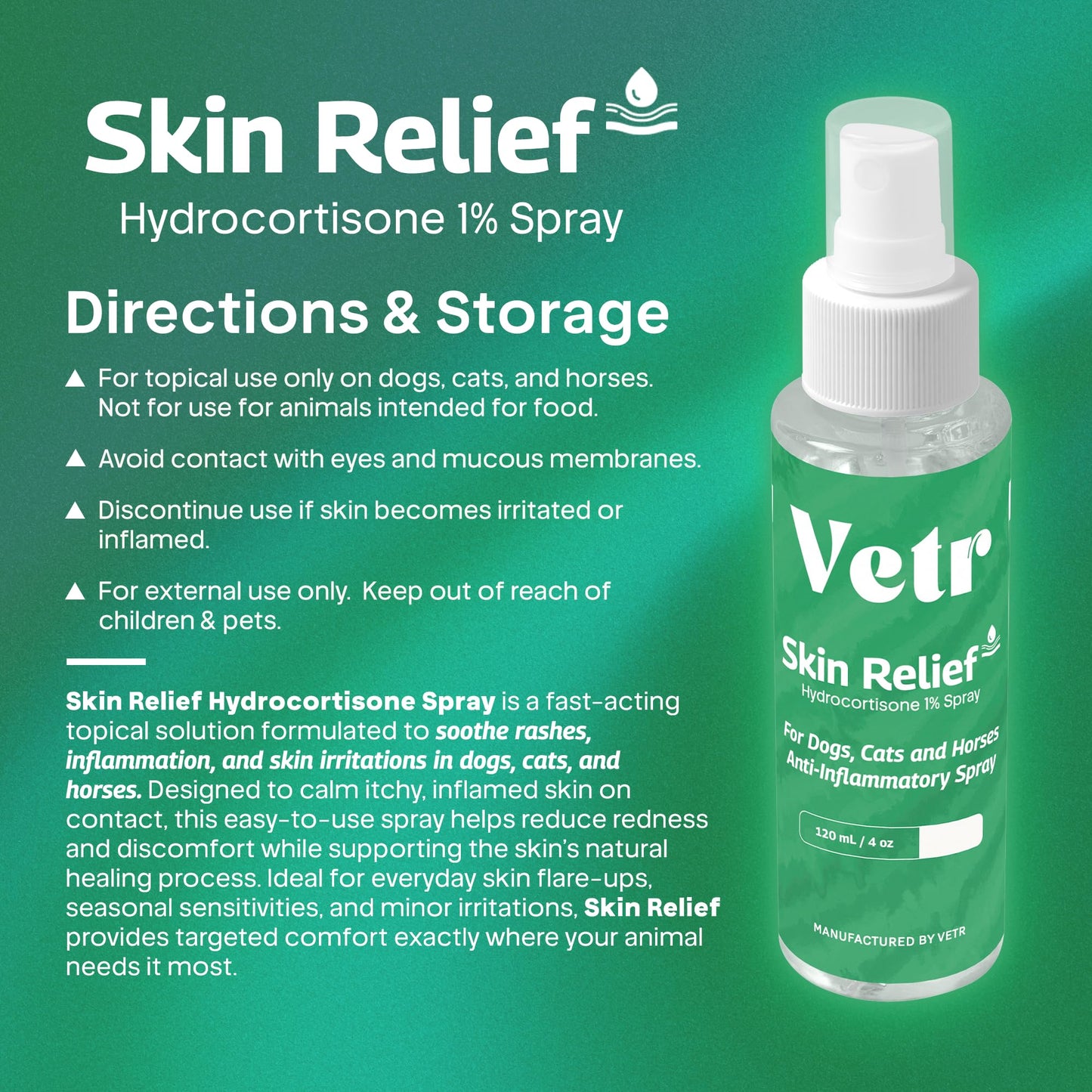 vetr Skin Relief Hydrocortisone Spray for Dogs - Topical Support for Itchy Skin and Hot Spots - 4 oz (120mL) - Vet-Formulated in USA