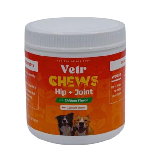 Vetr Hip and Joint Chicken Flavored Chews for Dogs - Glucosamine Chondroitin MSM Supplement - 120 Chewable Tablets - Vet-Formulated in USA