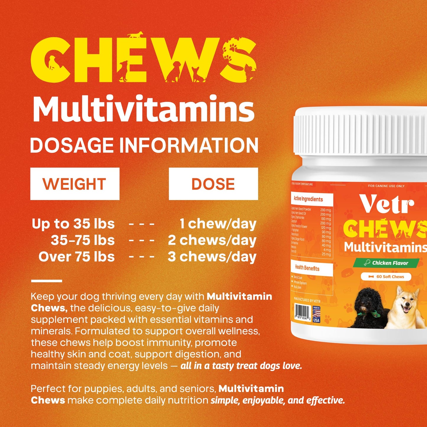 Vetr Multivitamin Chews for Dogs - Grain Free Dog Vitamins and Supplements for Skin & Coat, Glucosamine Chondroitin Joint Support - Chicken Flavored 120 Count - Vet-Formulated in USA