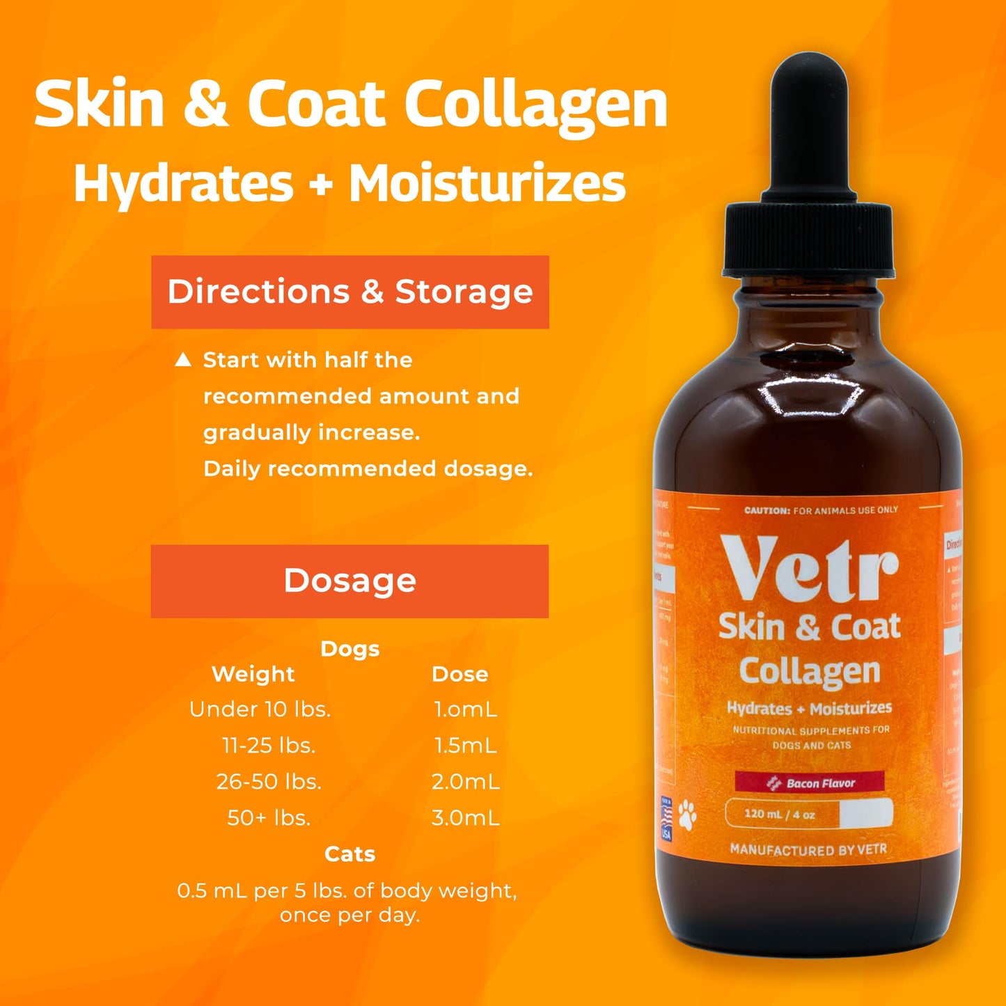 Vetr Skin & Coat Collagen for Dogs - Bacon Flavored Liquid Supplement - Supports Healthy Skin & Shiny Coat - 4 oz (120mL) - Vet-Formulated in USA