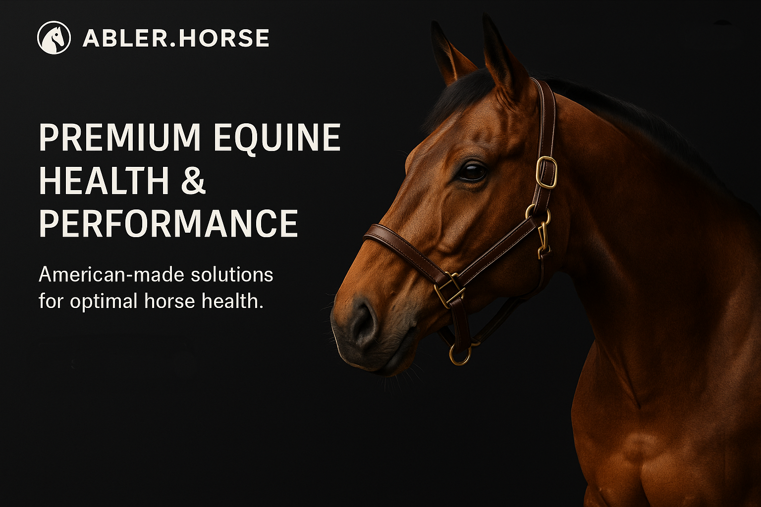 Horse with bridle on a dark background, featuring Abler.Horse branding and text about premium equine health and performance.